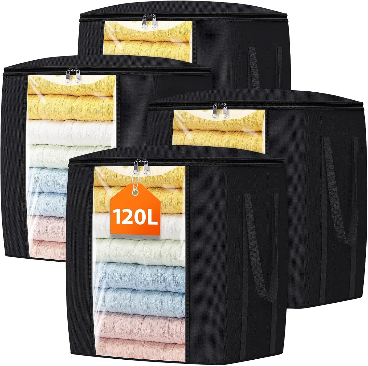 TasticTotes 120L Extra Large Clothes Storage Bags, Foldable Blanket Storage and Organization, Thick Fabric Containers with Reinforced Handles & Zippers for Clothing, Comforters, Bedding, Gray, 1 Pack