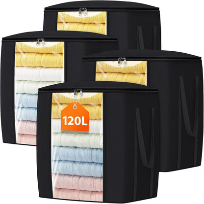 TasticTotes 120L Extra Large Clothes Storage Bags, Foldable Blanket Storage and Organization, Thick Fabric Containers with Reinforced Handles & Zippers for Clothing, Comforters, Bedding, Gray, 1 Pack