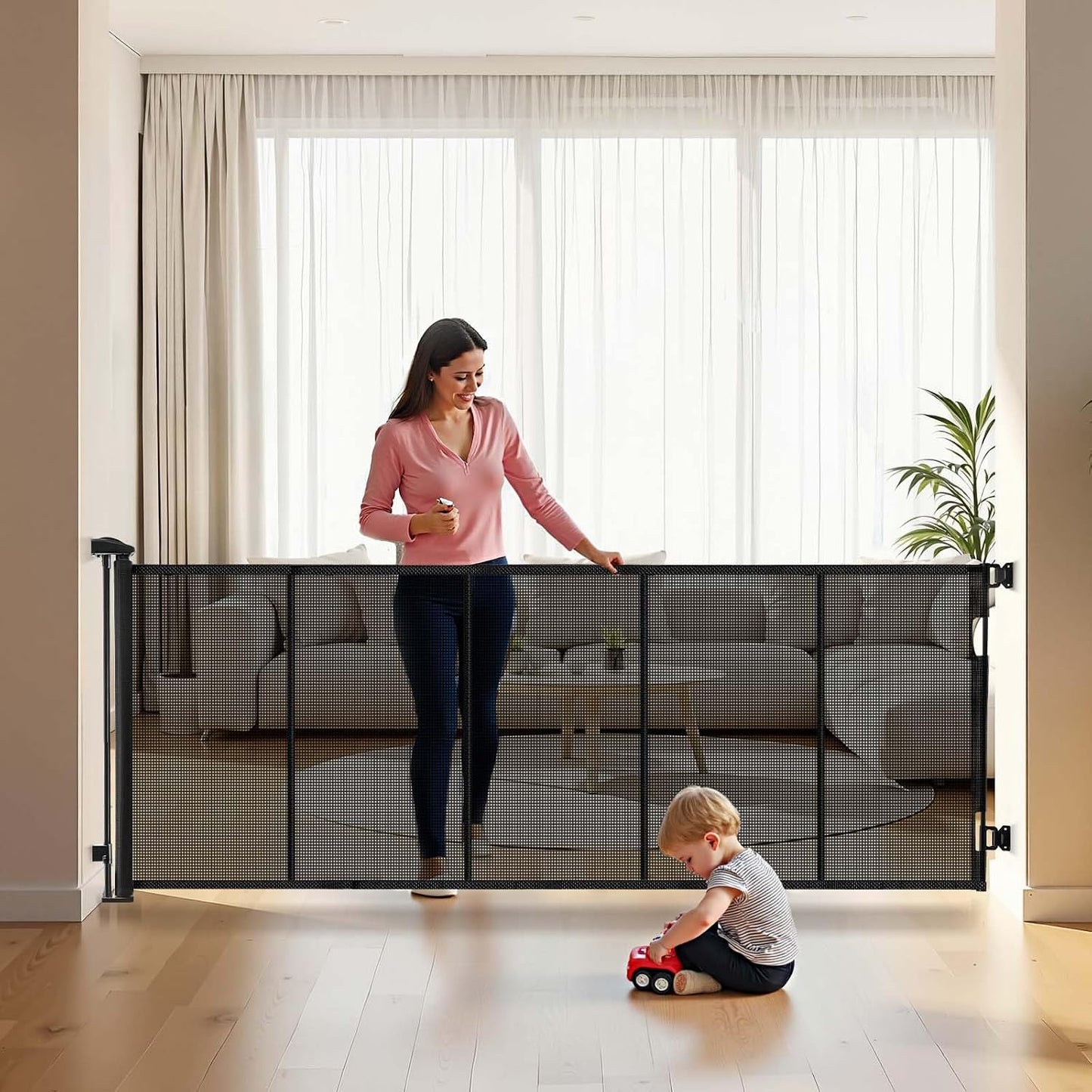 VEVOR Retractable Baby Gate, Extends to 202.7 inch Extra Wide, 39 inch Tall, with Reinforced Fiberglass Strips, Avoids Crawling Through, Mesh Dog Gate for Decks, Doorways, Garages, Indoor, Black