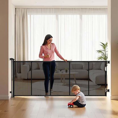 VEVOR Retractable Baby Gate, Extends to 202.7 inch Extra Wide, 39 inch Tall, with Reinforced Fiberglass Strips, Avoids Crawling Through, Mesh Dog Gate for Decks, Doorways, Garages, Indoor, Black