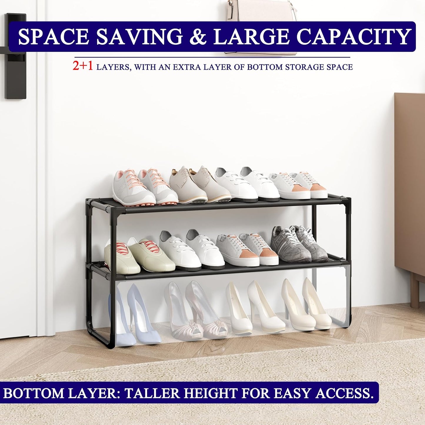 Long Shoe Rack, 3-Tier Stackable Shoe Organizer for Closet, Entryway, Hallway, Extra Bottom Layer, Holds 16-20 Pairs, Sturdy & Durable Waterproof Fabric Shelf, Space-Saving,Black(35.8" Wide)