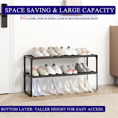 Long Shoe Rack, 3-Tier Stackable Shoe Organizer for Closet, Entryway, Hallway, Extra Bottom Layer, Holds 16-20 Pairs, Sturdy & Durable Waterproof Fabric Shelf, Space-Saving,Black(35.8" Wide)