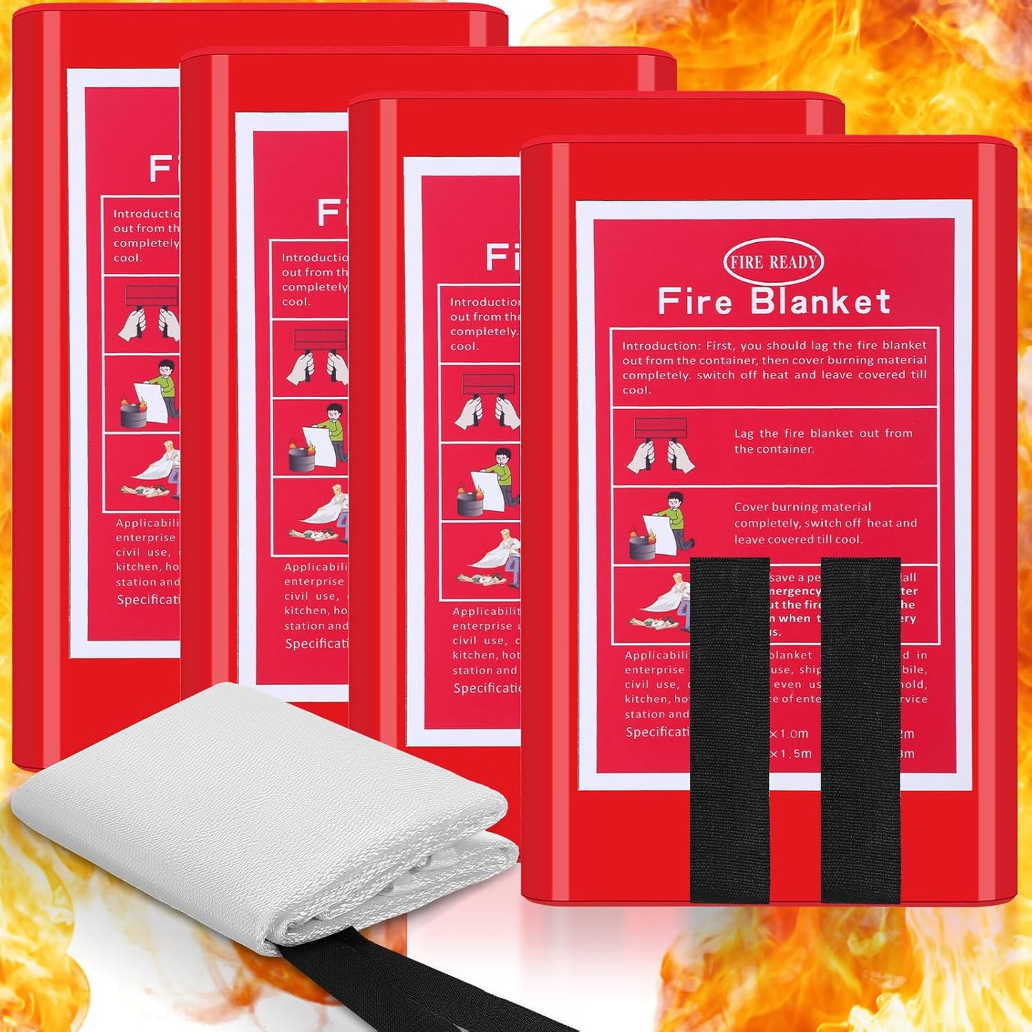 Copkim 4 Packs Fire Blanket with Box - Emergency Fire Suppression Fireproof Flame Retardant Fiberglass Survival Blanket for Home Kitchen Office Warehouse