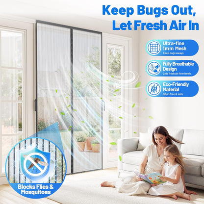 Heavy Duty Magnetic Screen Door Mesh - Auto-Sealing Hand-Free Door Net Screen with 50 Magnets, Pet & Kid Friendly, PET Fine Mesh Doors Screens Keep Bugs & Mosquitos Out Fits Front Doors Size 36” x 82”