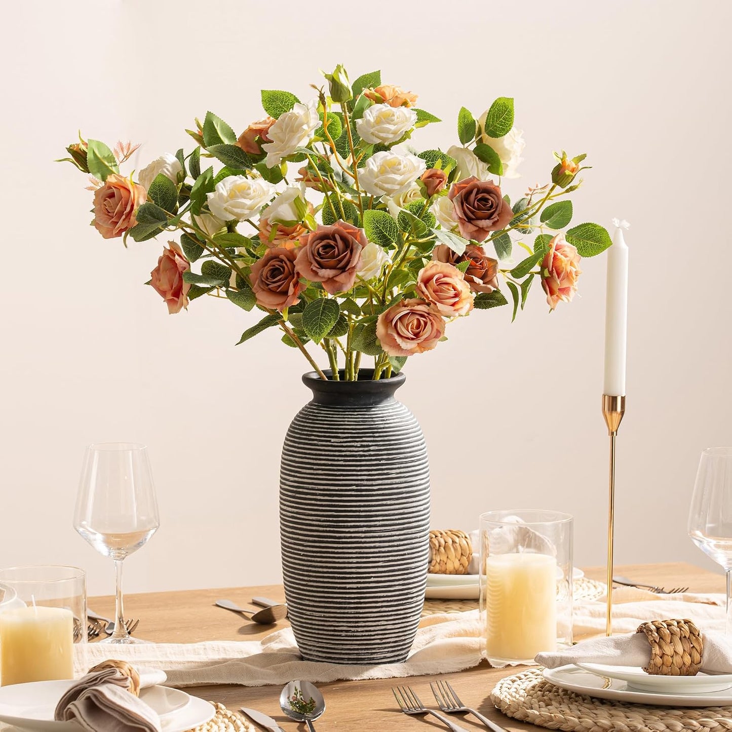 Ceramic Flower Vase, Small Rustic Farmhouse Vases Home Decor, Short Pottery Decorative Pampas Vase for Table Living Room Entryway Mantel Bookshelf Bedroom Bathroom Kitchen - 6" W