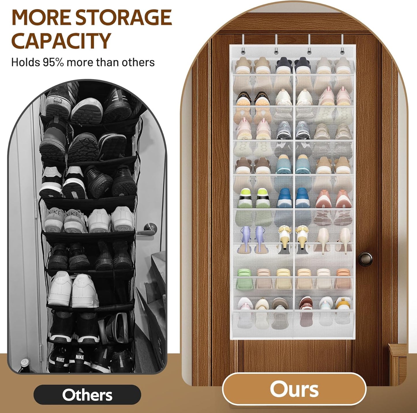 MISSLO 30 Pairs Over the Door Shoe Organizer Breathable Mesh Hanging Shoe Rack for Closet Storage with Wide Deep Pockets 10 Tier Shoes Holder Fit All the Family's Sneakers, Boots, Heels (White, 71")