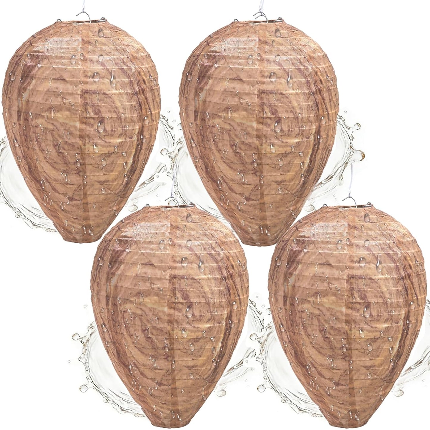 4 Pack Fake Wasp Nest Decoy, Waterproof Hanging Wasp Hornet Decoy for Outdoor, Brown Wasps and Hornets Nests, Reusable for Patio, Porch, Garden, Under Eaves, Garage, Backyard, House