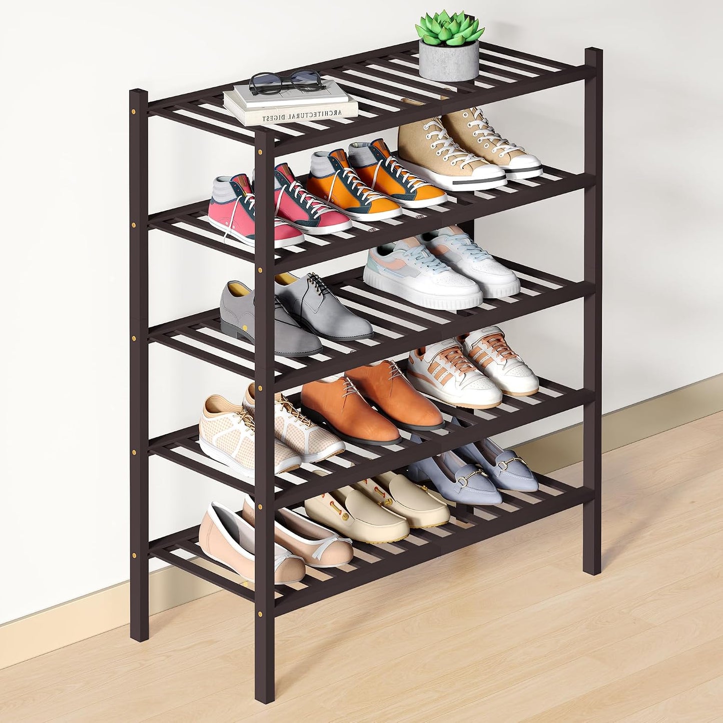 Smiry Bamboo Shoe Rack for Closet, 3 Tier Wooden Shoe Organizer, Stackable Wood Shoe Storage Shelf for Entryway, 14 Vertical Slats, One-piece Heavy-Duty Legs, 26.77"x11.02"x18.31", Natural