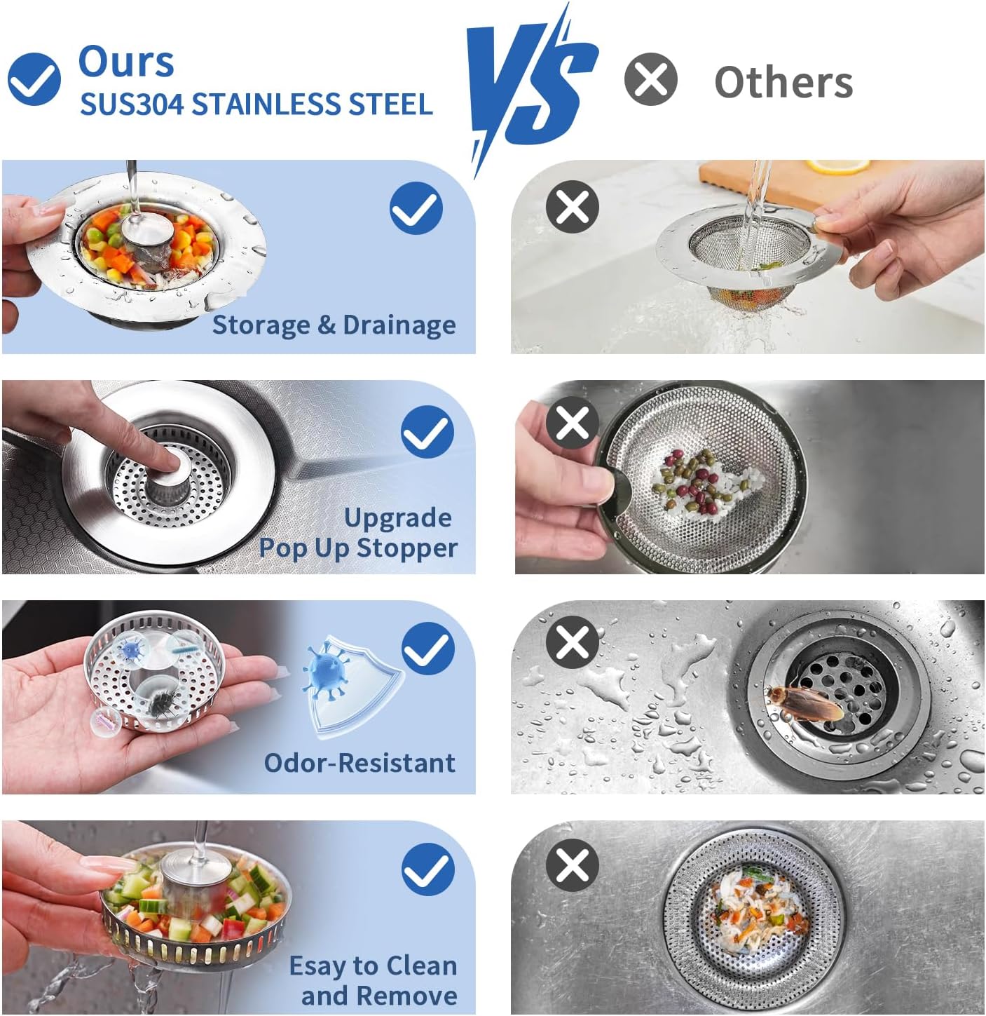 3-in-1 Kitchen Sink Drain Strainer - Pop Up Sink Stopper, Stainless Steel Sink Drain Strainer, Kitchen Sink Stopper & Drain Plug with Anti-Clogging Basket,Sink Strainer Fits US Standard 3-1/2'' Drains