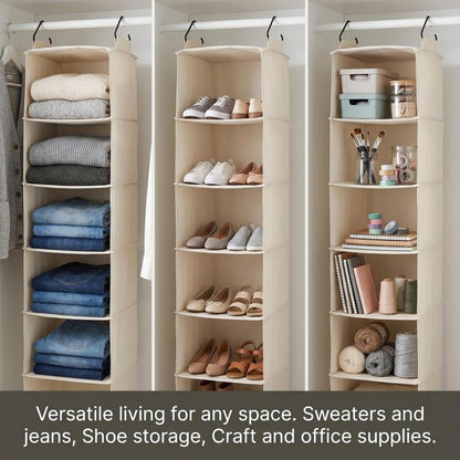 Household Essentials Cedarline 6‑Shelf Hanging Closet Organizer in Heavy‑Duty Cotton Canvas, Cream