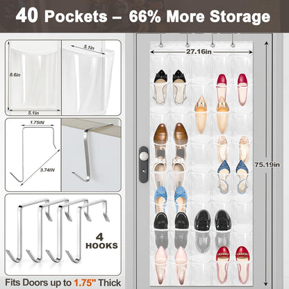 40 Pockets Over the Door Shoe Organizer – Waterproof Hanging Shoe Holder for Closet & Bathroom – Space-Saving Clear PVC Door Shoe Rack for Shoes, Toys, Toiletries & Snacks (White)