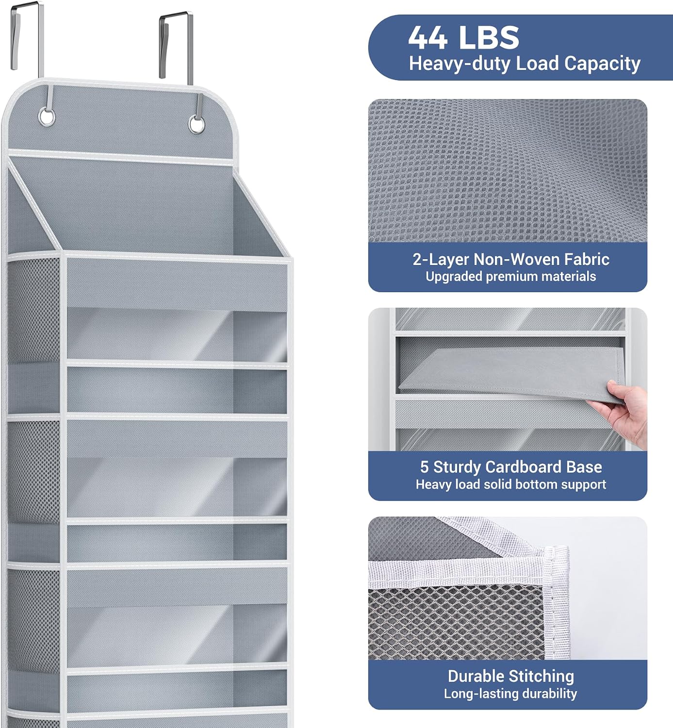 COOLBEBE 2-Pack over the Door Organizer, 5-Tier Hanging Storage with Clear Windows & Mesh Side Pockets, Heavy-Duty Nursery Closet Organizer for Baby Essentials, Bathroom, Bedroom, Grey