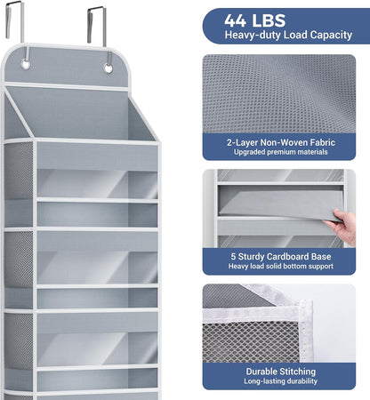 COOLBEBE 2-Pack over the Door Organizer, 5-Tier Hanging Storage with Clear Windows & Mesh Side Pockets, Heavy-Duty Nursery Closet Organizer for Baby Essentials, Bathroom, Bedroom, Grey