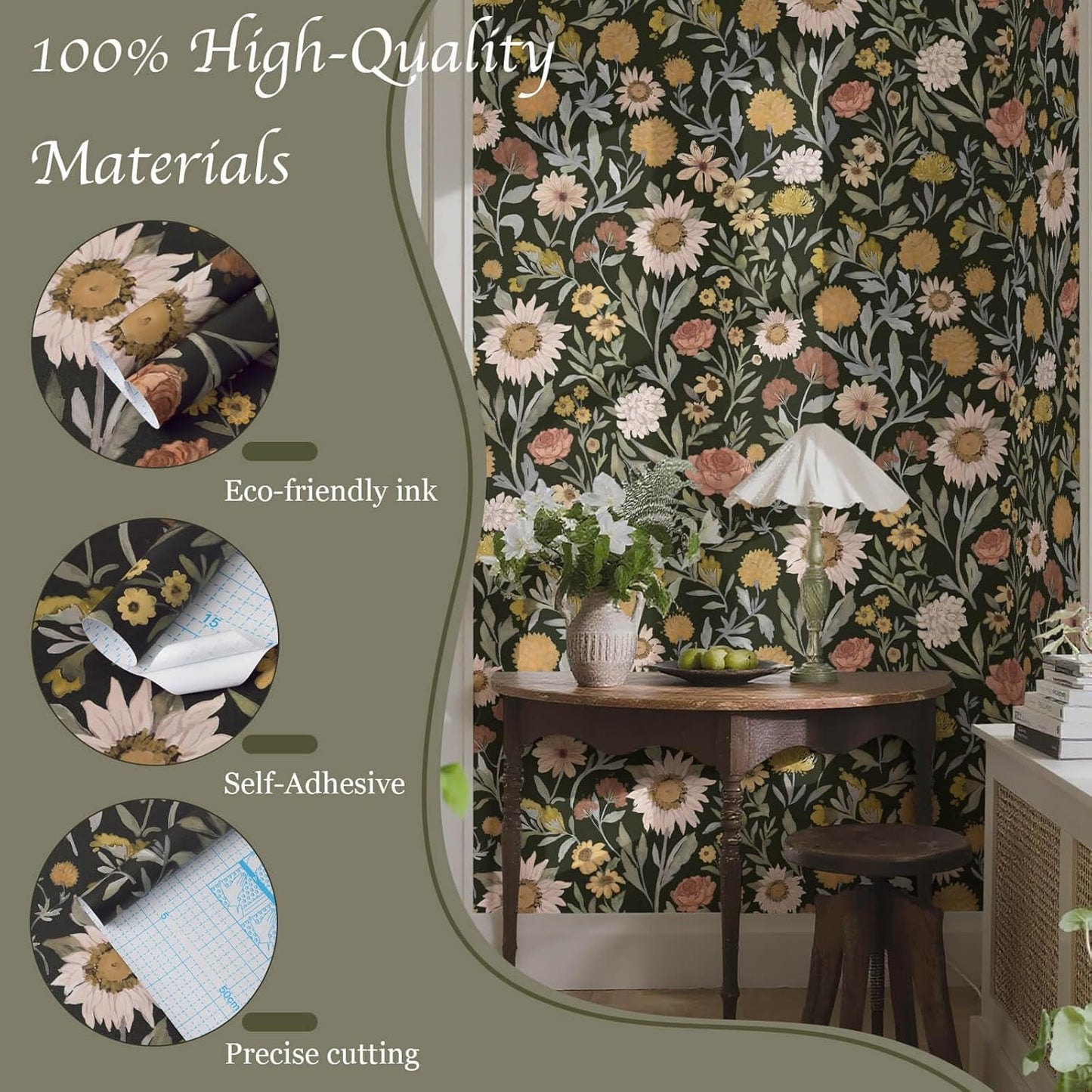 Dimoon 17.3''x78.7'' Peel and Stick Wallpaper Floral Cute Contact Paper Vintage Village Country Cottage Wallpaper Farmhouse Yellow Beige Renter Friendly Geometry Waterproof Embossed Kitchen Bedroom
