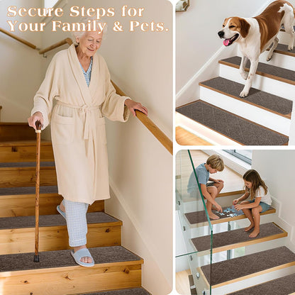 Stair Treads for Wooden Steps 15 PCS - 8’’ x 30’’, Non Slip Stair Runner, Machine Washable Stair Rugs Strips for Kids Pets and Elderly, Indoor Carpet for Stairs (Grey)