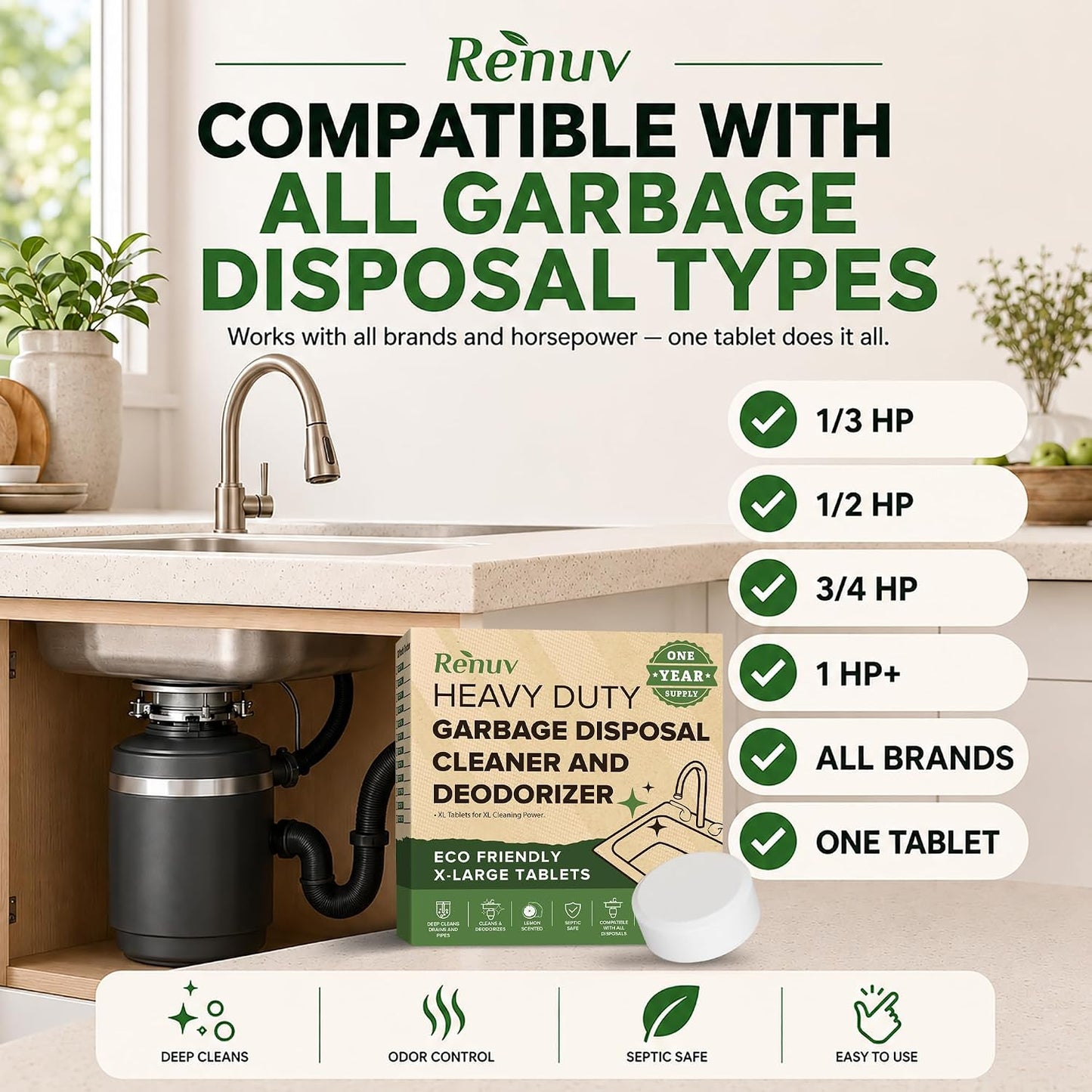 Renuv® Garbage Disposal Cleaner & Deodorizer Tablets, 12 XL Tablets | Foaming Citrus Scent, Drain Freshener, Kitchen Sink Odor Refresher For Garbage Disposer Cleaning
