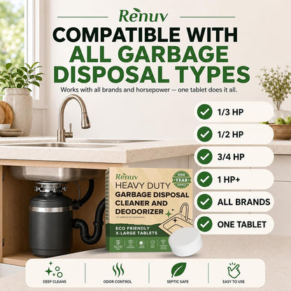 Renuv® Garbage Disposal Cleaner & Deodorizer Tablets, 12 XL Tablets | Foaming Citrus Scent, Drain Freshener, Kitchen Sink Odor Refresher For Garbage Disposer Cleaning