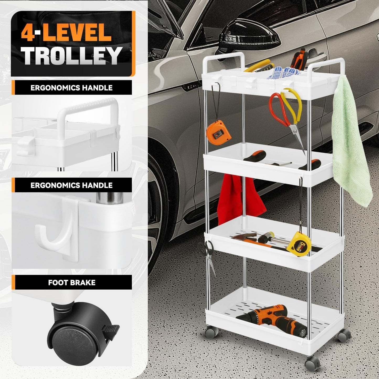 Auto Dynasty 3 Tier Slim Rolling Cart with Handle, Multifunction Utility Storage Rolling Cart, Movable Storage Organizer with Wheels for Office, Bathroom, Kitchen, Narrow Places (White)
