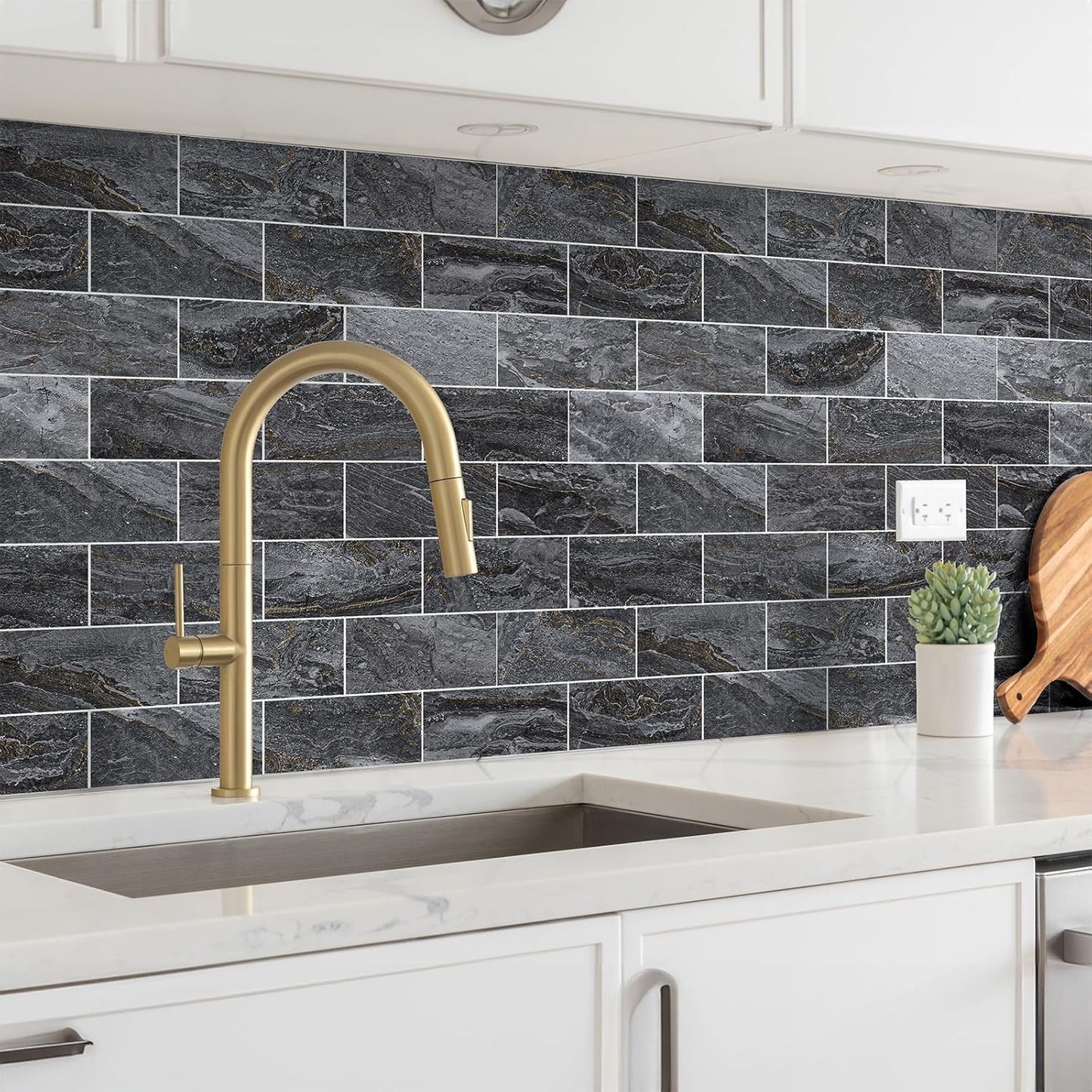 StyloVue 100 Pieces Peel and Stick Backsplash for Kitchen, 3" x 6" PVC Subway Tile, Glossy White with Dark Gray Grout, Self Adhesive Stick on Wall Tiles for Kitchen, Bathroom, Fireplace, RV