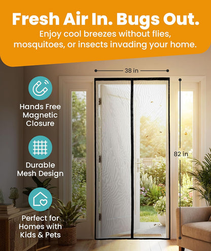Flux Phenom Magnetic Screen Door - Bugs Out, Breeze in - 9min Install Auto-Sealing Heavy Duty Double Stitched Mesh, 52 Magnets, Hands Free Sliding & Patio Doors Net, Pet & Kid Friendly, 38 x 82 Inch