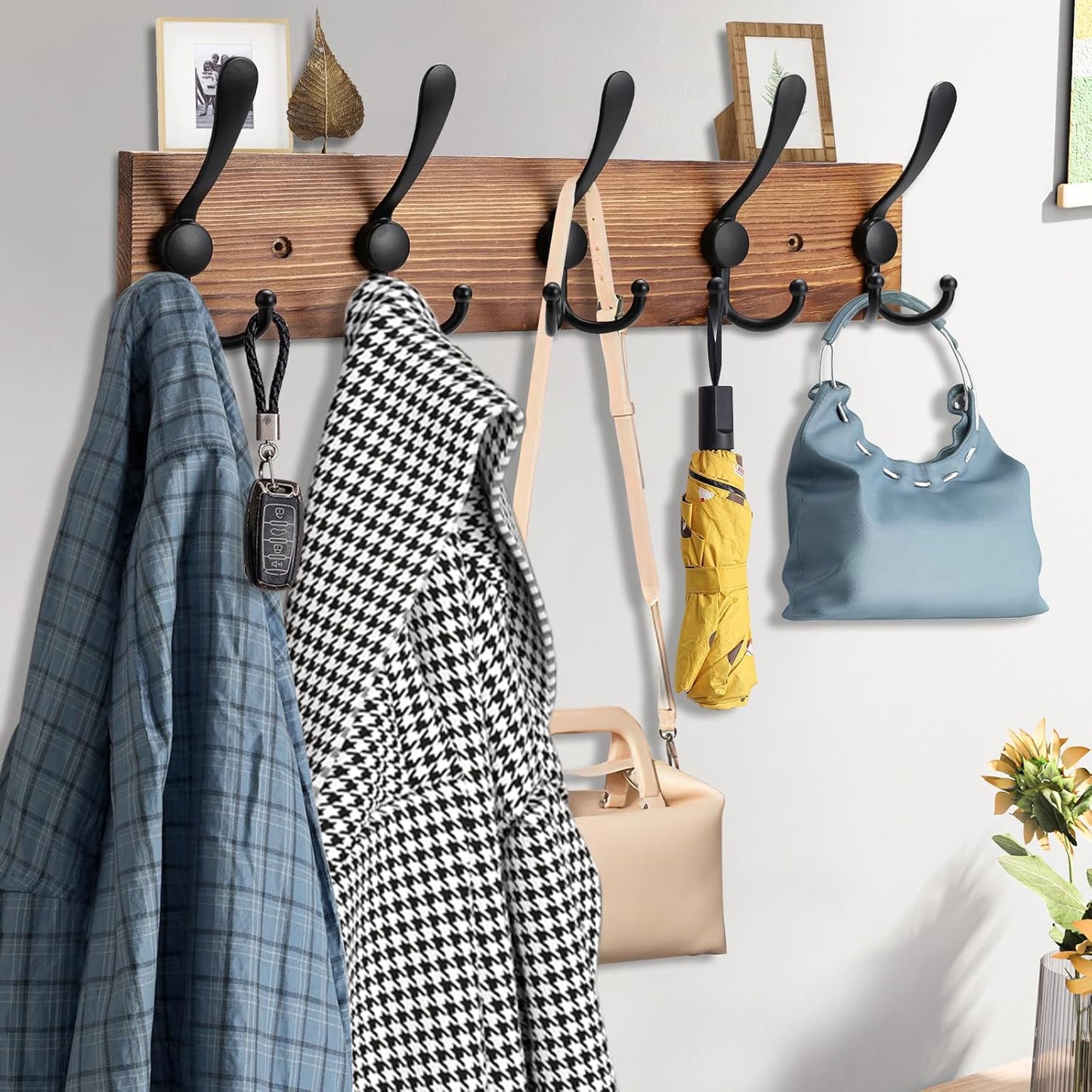 Kuhome 2pcs Coat Rack Wall Mount Wooden Hat Rack for Wall Hooks Pine Real Wood Plank 16.9" Brown Coat Hanger with 5 Triple Hooks for Hanging Coat Hat Jacket