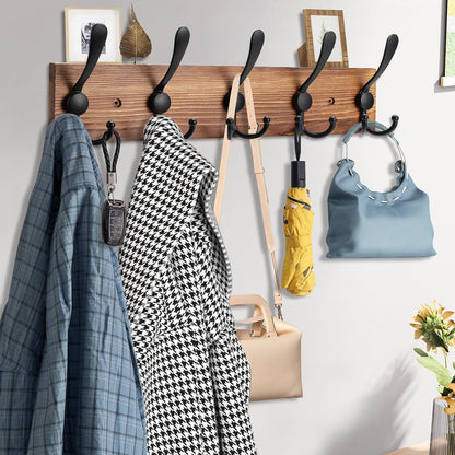 Kuhome 2pcs Coat Rack Wall Mount Wooden Hat Rack for Wall Hooks Pine Real Wood Plank 16.9" Brown Coat Hanger with 5 Triple Hooks for Hanging Coat Hat Jacket