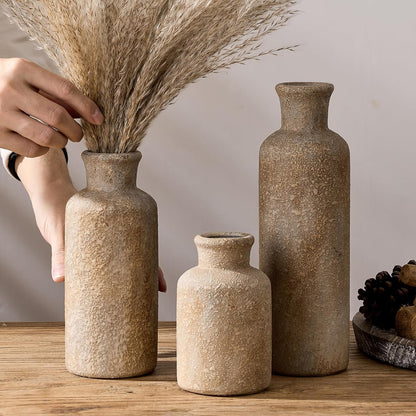LUKA Ceramic Rustic Farmhouse Vase,Terracotta Vases for Decor,Vase Set of 3,Vases for Your Bedroom,Office,Living Room,Fireplace,Bookshelf Decor,Housewarming 10+7.5+5 Inch