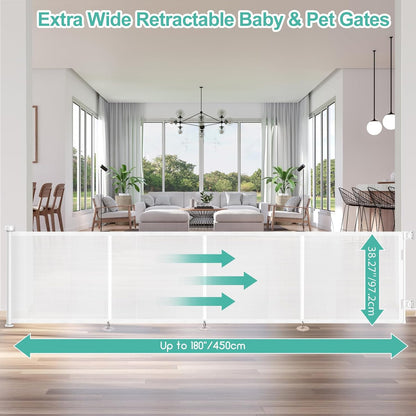 71 inch Retractable Baby Gates, EZIGO Extra Wide Baby Gate for Large Opening Extra Long Mesh Gate for Kids or Pet Dog Gate Child Safety Gate for Stairs Hallways Doorway Indoor Outdoor, Gray