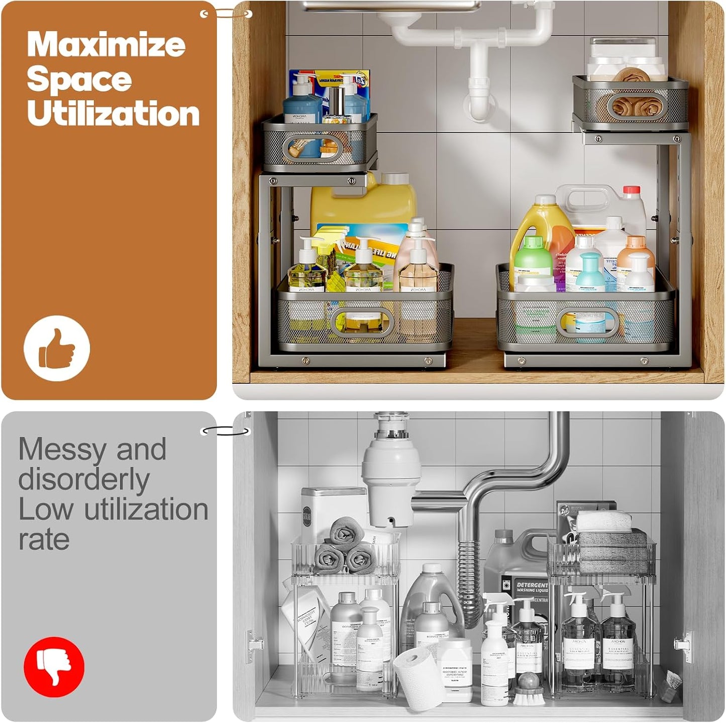 2 Pack Under Sink Organizer With Smooth Cylindrical Rail,2-Tier Pull Out Multi-Purpose Cabinet Storage for Bathroom&Kitchen,Height Adjustable,Rust-resistant Coating-White