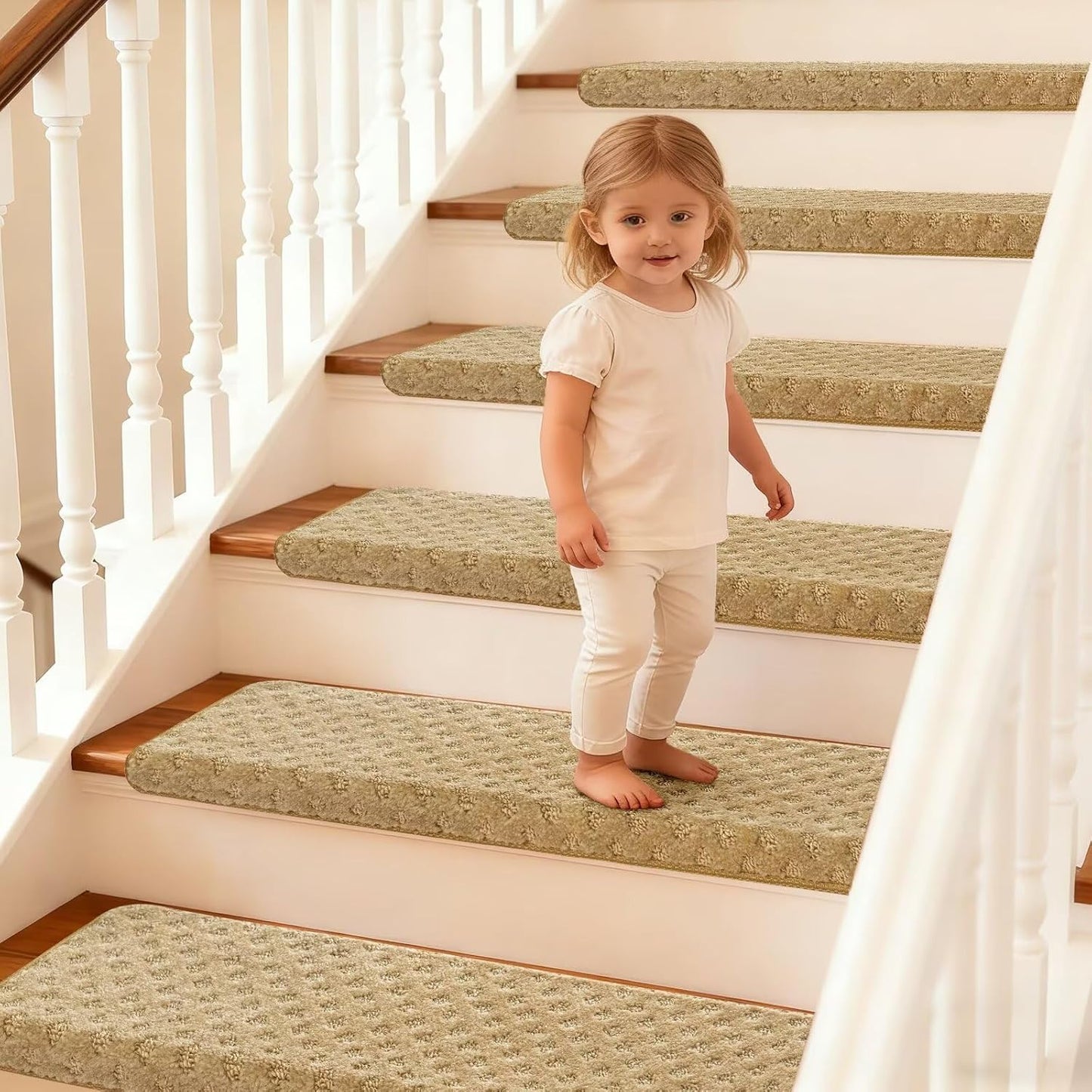 DEXDE Bullnose Stair Treads for Wooden Steps Non-Slip Stair Runner, 14 Pcs | Reusable bullnose carpet Stair Treads Indoor, Peel and Stick Stair Rugs with Edge Protection, Soft Washable, 30"x9.5" Grey