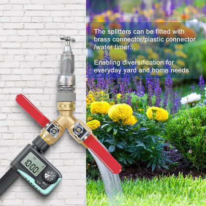 Garden Hose Splitter 2-Ways with Long Stainless Steel Handle, Full Flow Hose Splitter Connector Heavy Duty Brass, 3/4" GHT Thread Y Valve, Water Garden Hose Tap Adapter