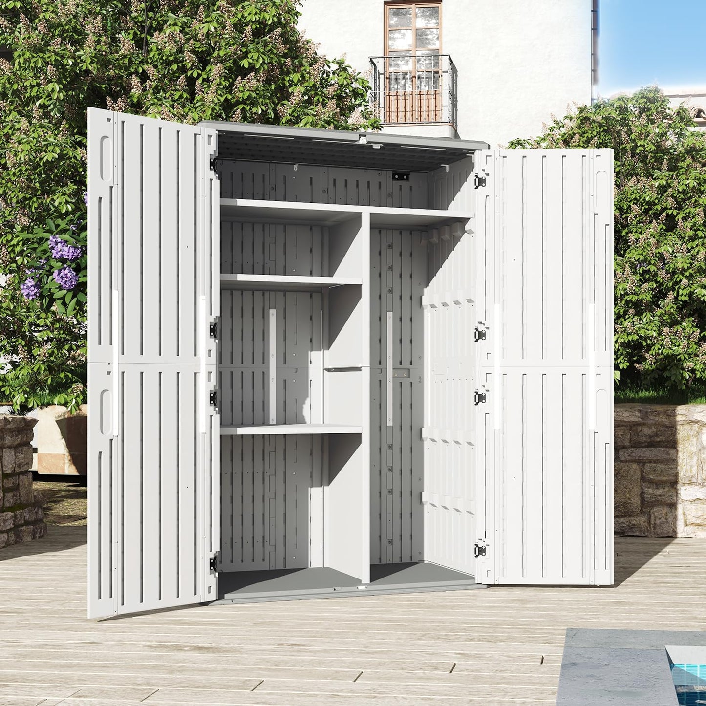 AOXUN Horizontal Storage Sheds 21 Cu.ft, HDPE Outdoor Storage Box 160 Gallon, Waterproof Lockable Resin Deck Box with Spring-Assisted Lid, Patio Storage for Garden, Pool, Cushions, Tools, White