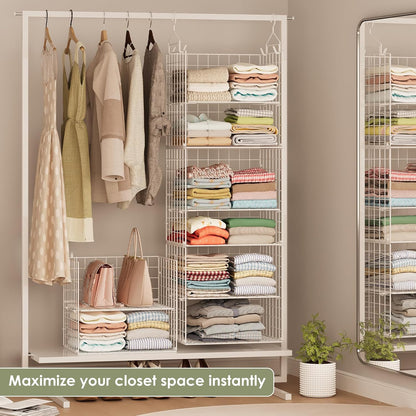 X-cosrack Closet Hanging Organizer Shelves - 5 Tier Wardrobe Organizers and Storage Bin, Hanging Organizer Shelves, Clothes Shelf with Adjustable Dividers for Bedroom Closet Sweater Shoes Handbag