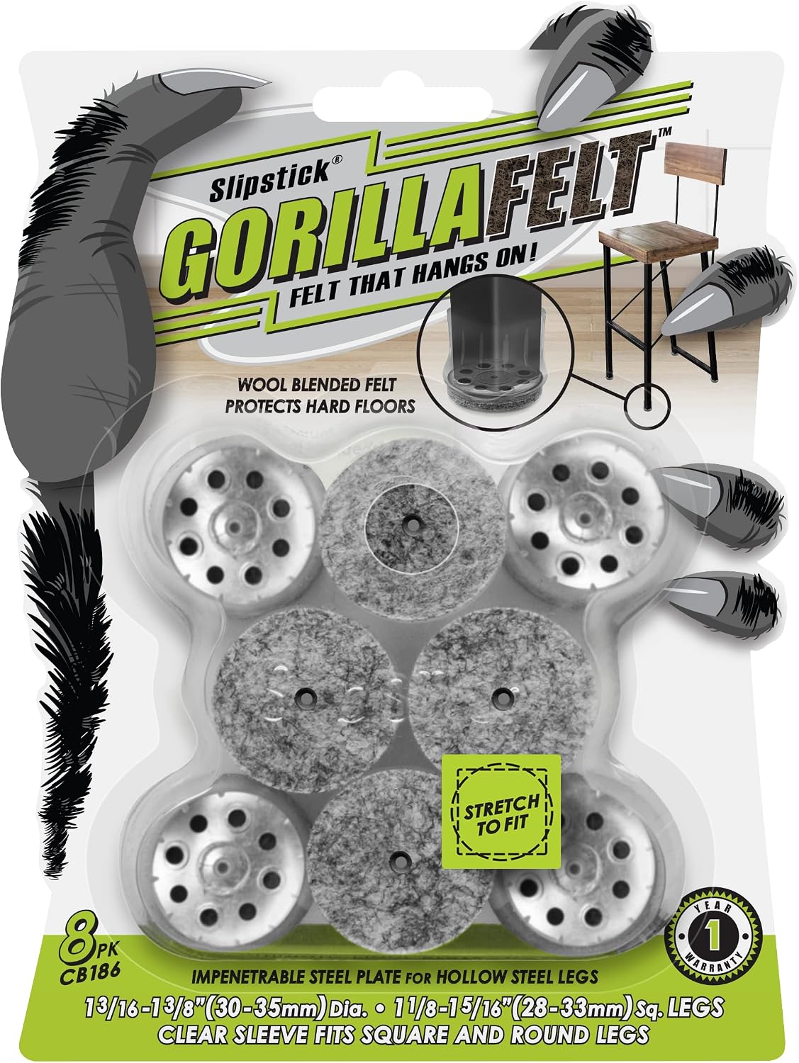 GorillaFelt Chair Leg Floor Protectors/Felt Chair Glides (Set of 16) Tap-On Felt Furniture Pads Guaranteed to Stay On, 1 Inch Round Chair Sliders