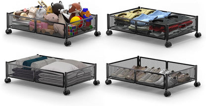 Under Bed Storage with Wheels, Foldable Metal Under Bed Storage Containers, 60L Rolling Underbed Storage, Easy Assembly Under The Bed Storage for Bedroom Clothes Shoes Blankets