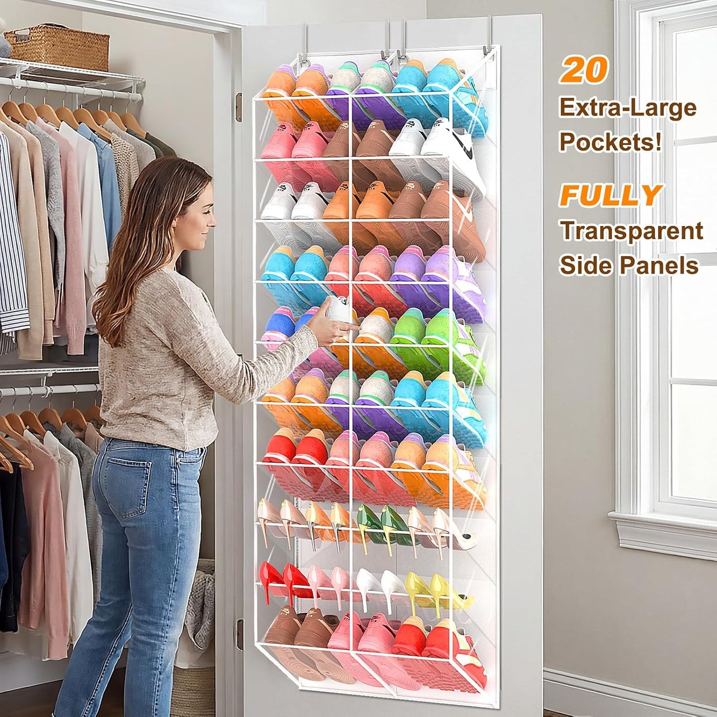 UVIAHOMI 20-30 Pairs Over the Door Shoe Organizer, Clear Pockets Hanging Shoe Storage for Closet, 10-Tier Door Shoes Rack, Handing Shoes Holder Fit All the Family's Sneakers, Boots, Heels, White