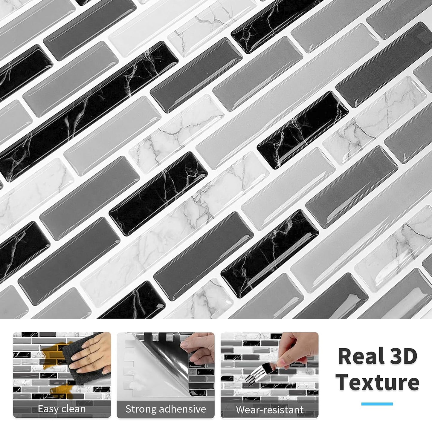 URCOLOR 10-Sheet Peel and Stick Backsplash Tile for Kitchen - 12”×12” Stick on Wall Tile for Bathroom, Black White Grey