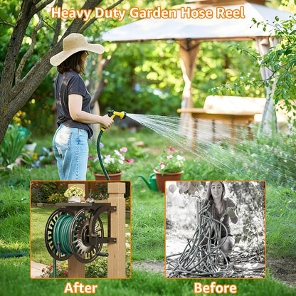GOFORWILD Garden Wall Mount Hose Reel, Decorative Hose Reel, Garden Heavy-Duty Water Hose Holder Winder, Holds 200-Feet of 5/8-Inch Hose