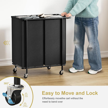 Double Laundry Hamper with Wheels,200L Rolling Laundry Basket 2 Section with Lid,Steel Frame Laundry Cart with Handle and Removable Bags,Dirty Clothes Hamper for Laundry Room,Dorm,Black