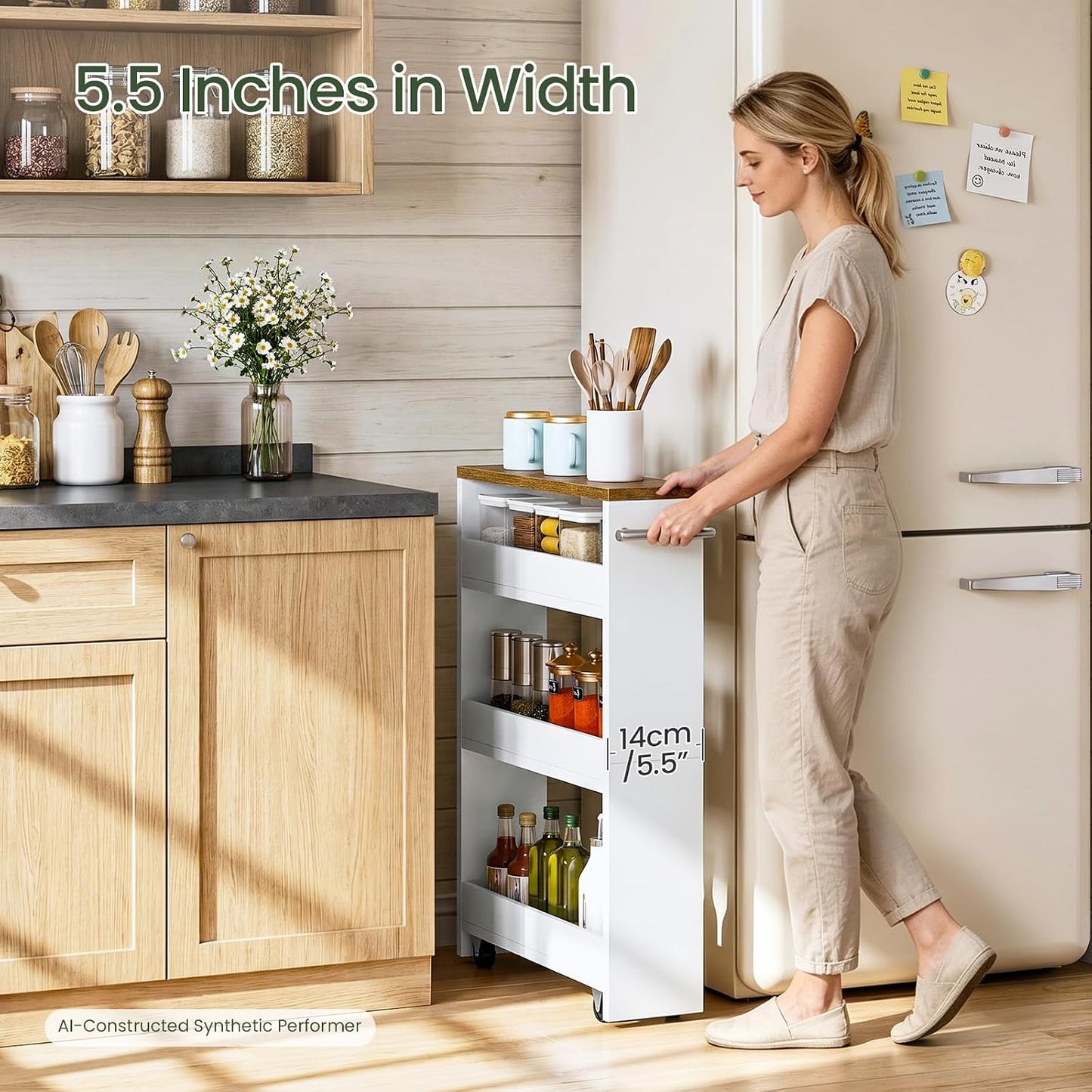 CHOEZON Slim Storage Cart, Slim Storage Rack on Wheels, Rolling Trolley with Handle, Storage Organizer, for Kitchen, Dining Room, Living Room, Laundry Room, White and Walnut MTC01WL