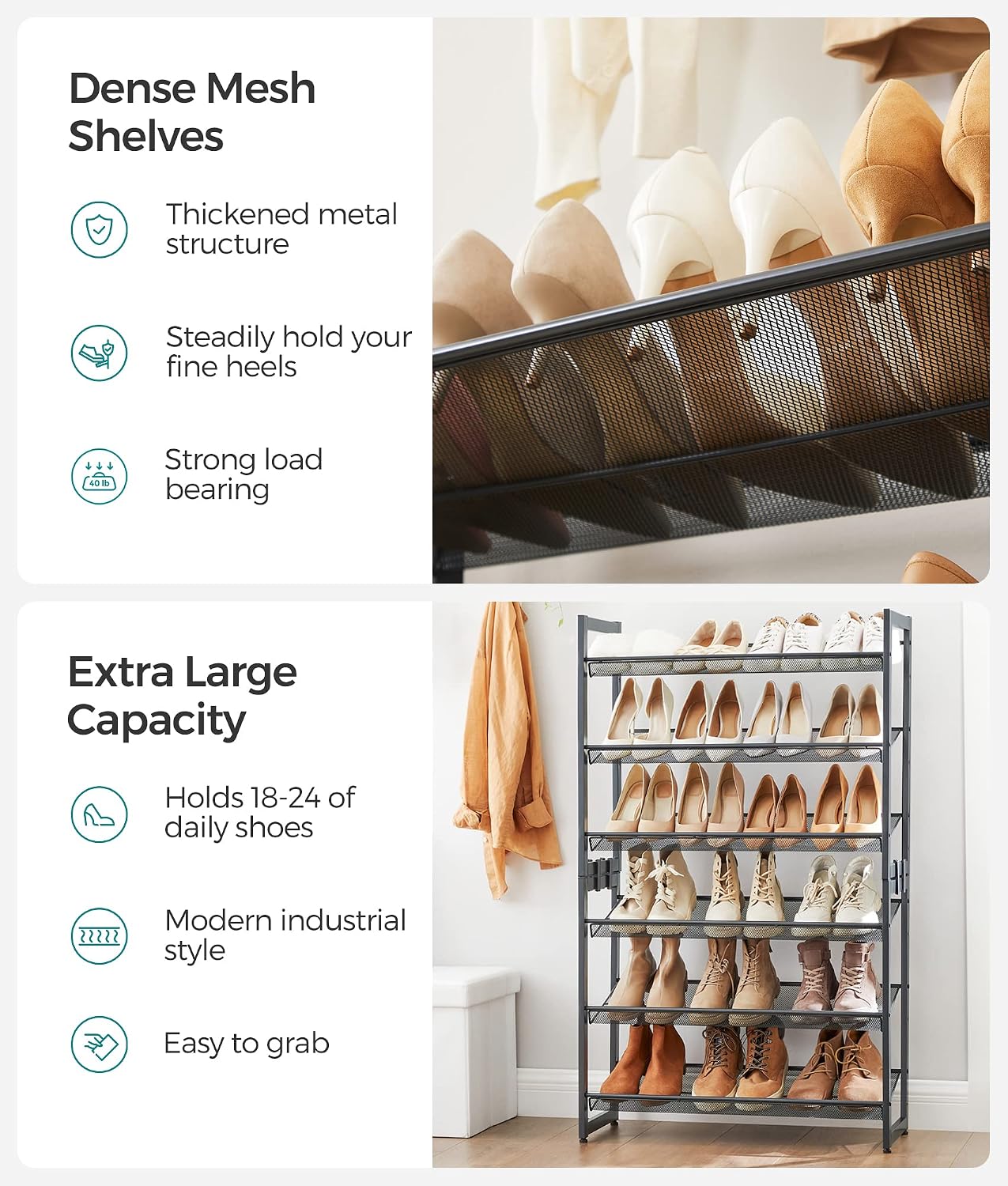 SONGMICS Shoe Rack, 12-Tier Shoe Organizer, Metal Shoe Storage for Garage, Entryway, Set of 2 6-Tier Stackable Shoe Shelf, with Adjustable Flat or Angled Shelves, Holds 48-60 Pairs, Black ULMR12B