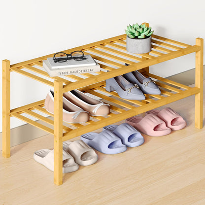 Smiry Bamboo Shoe Rack for Closet, 3 Tier Wooden Shoe Organizer, Stackable Wood Shoe Storage Shelf for Entryway, 14 Vertical Slats, One-piece Heavy-Duty Legs, 26.77"x11.02"x18.31", Natural