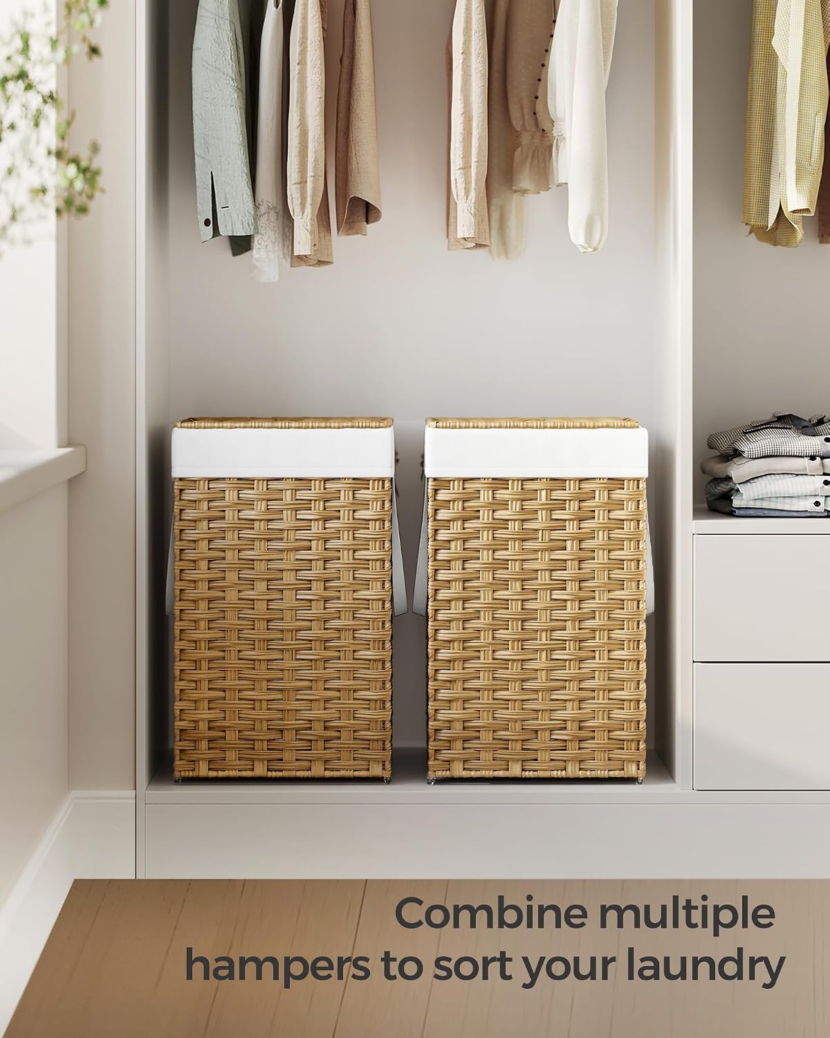 SONGMICS Laundry Hamper with Lid, 23.8 Gallon (90 L) Synthetic Rattan Clothes Laundry Basket with Lid and Handles, Foldable, Removable Liner, Chestnut Brown ULCB051K02