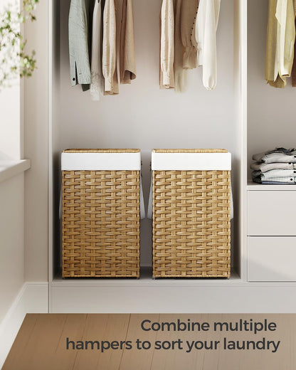 SONGMICS Laundry Hamper with Lid, 23.8 Gallon (90 L) Synthetic Rattan Clothes Laundry Basket with Lid and Handles, Foldable, Removable Liner, Chestnut Brown ULCB051K02