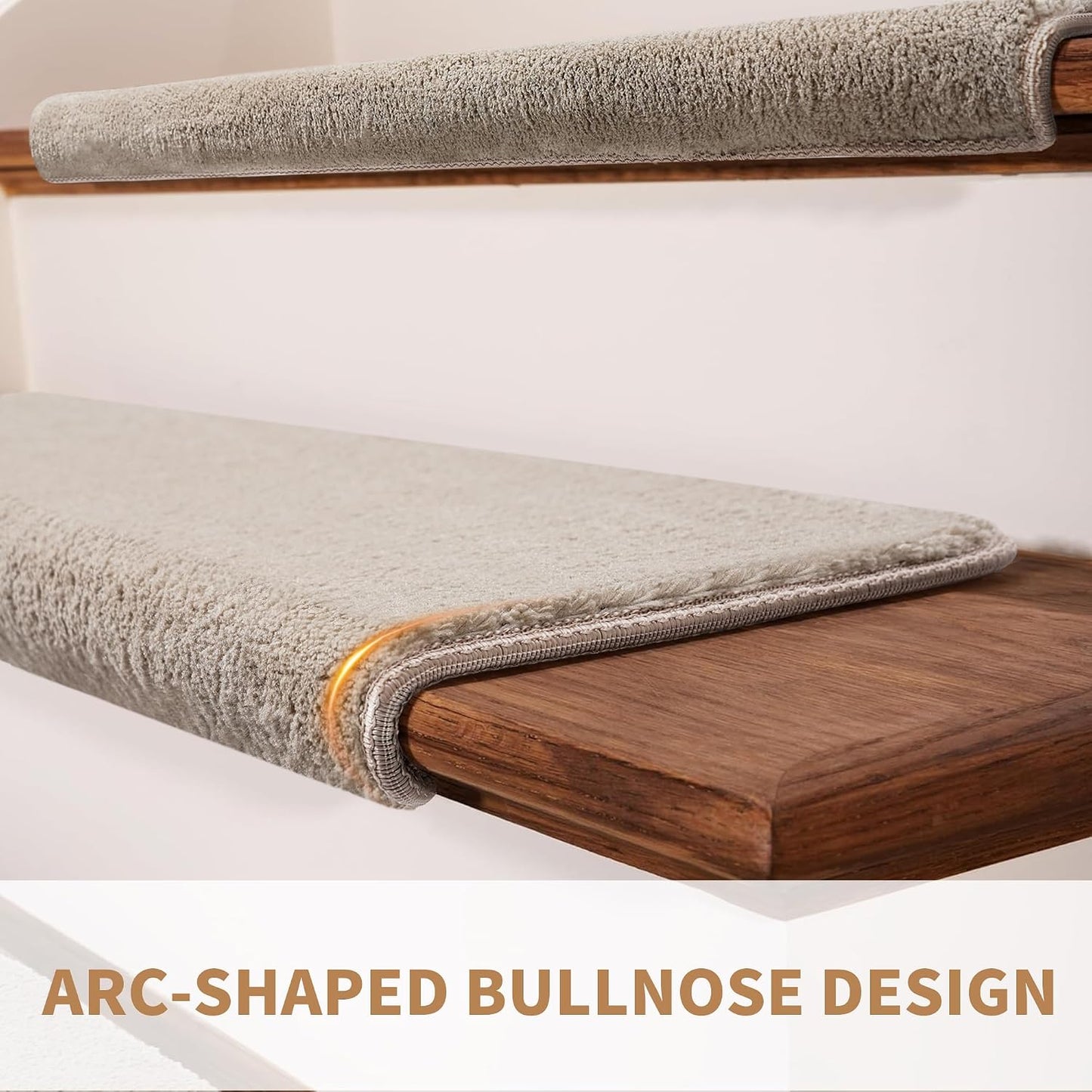 Bullnose Stair Treads Non Slip 9.5" x 32", 14 Pcs Ultra Plush Carpet Stair Treads for Wooden Steps Indoor with Edge Protection, Reusable Peel and Stick TPU Backing Stair Runner Rugs - Beige Gray