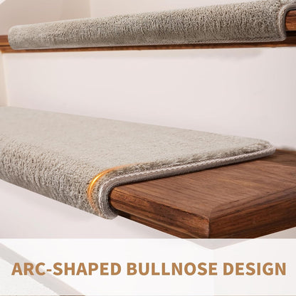Bullnose Stair Treads Non Slip 9.5" x 32", 14 Pcs Ultra Plush Carpet Stair Treads for Wooden Steps Indoor with Edge Protection, Reusable Peel and Stick TPU Backing Stair Runner Rugs - Beige Gray