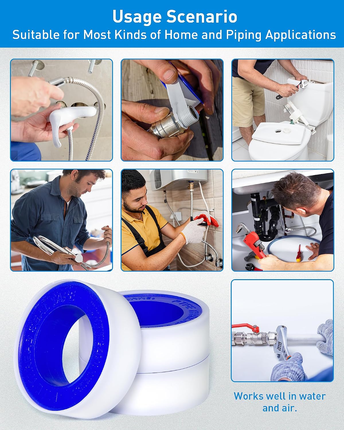3 Roll Plumbers Tape, Teflon Water Pipe Sealing Tape, High-Density Thickening and Lengthen, High-Sealing Performance Waterproof Duct, Thread Seal, L 590 in x W 0.51 in. White