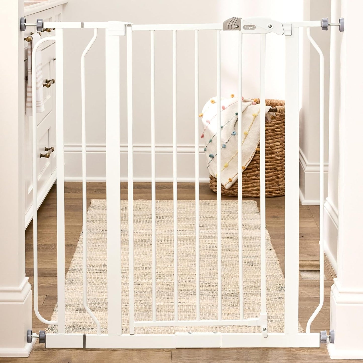 Regalo Safety 29-38.5" Baby Gate for Doorways & Bottom of Stairs, Pressure Mounted Baby Gate with Door for Babies, Toddlers & Pets, Tested & Safe for 30 Years, American Designed, American Owned, White