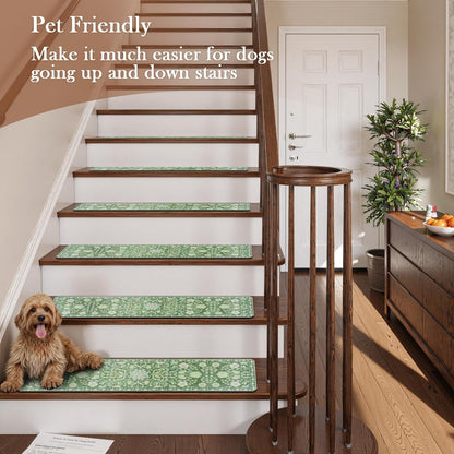 OJIA Floral Stair Treads Non-Slip Stair Runner for Wooden Steps Indoor 15PCS 30"x8" Carpet Stair Treads Stair Mats Staircase Step Treads for Kids, Elders and Dogs, Stair Covers, Black