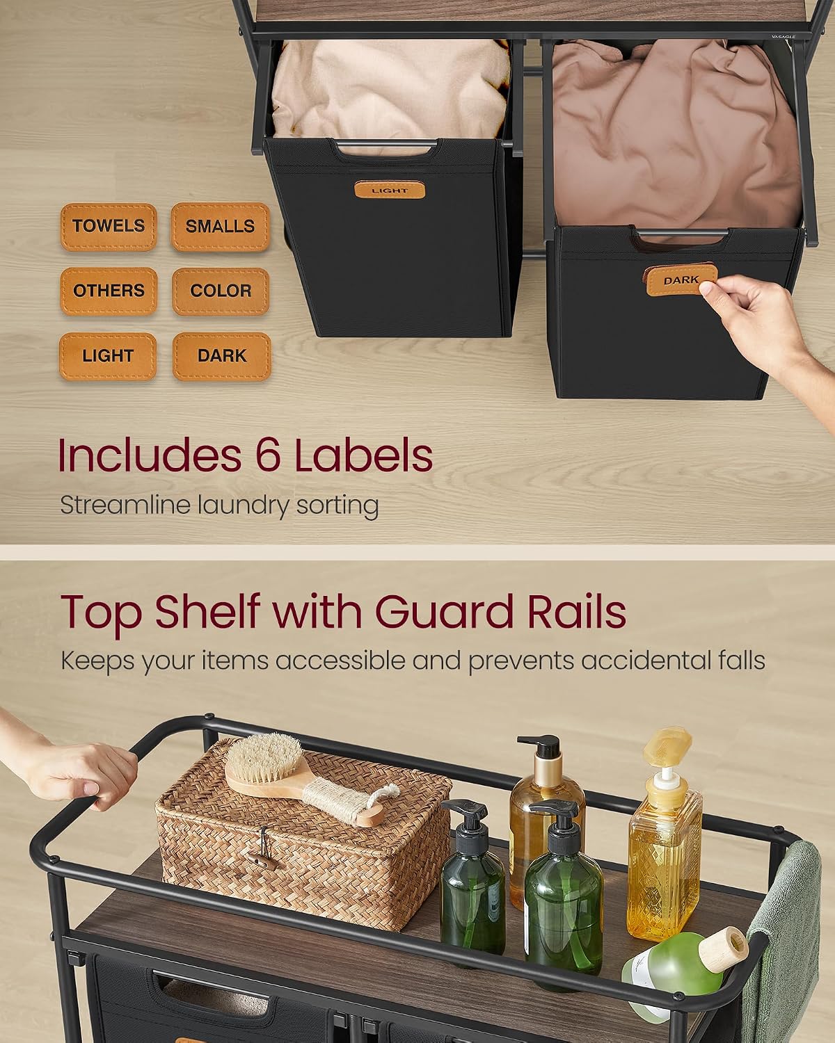 VASAGLE Laundry Sorter, Laundry Hamper with Wheels, 39.6 Gal. (150 L) Portable Rolling Cart Baskets with Shelf, 3 Removable Liners and 6 Labels, Ink Black and Chestnut Brown UBLH103BH01